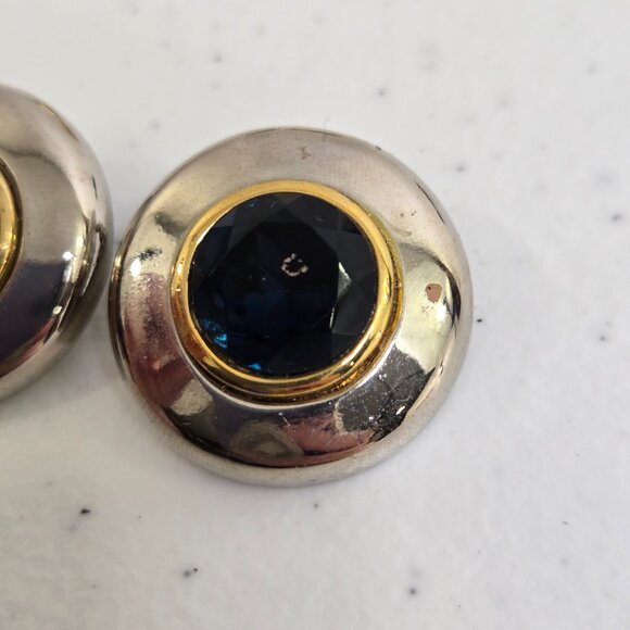 Joel Powell Earrings Clip on Gemstone Blue Rhinestone Silver Tone Circle Vintage - Picture 2 of 10